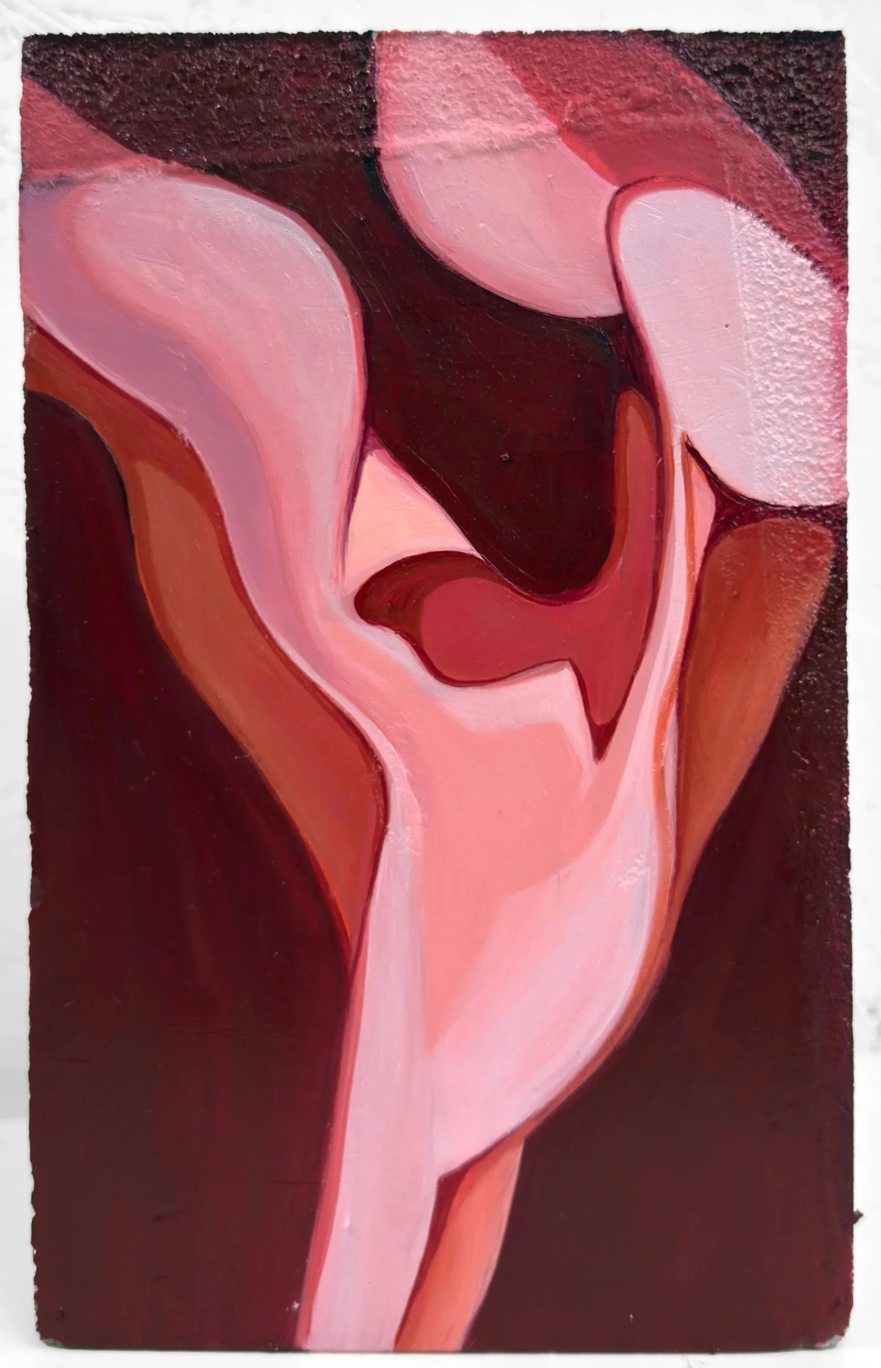 Retrato de un oído humano en estilo artístico abstracto con tonos en rosa, rojo y negro.