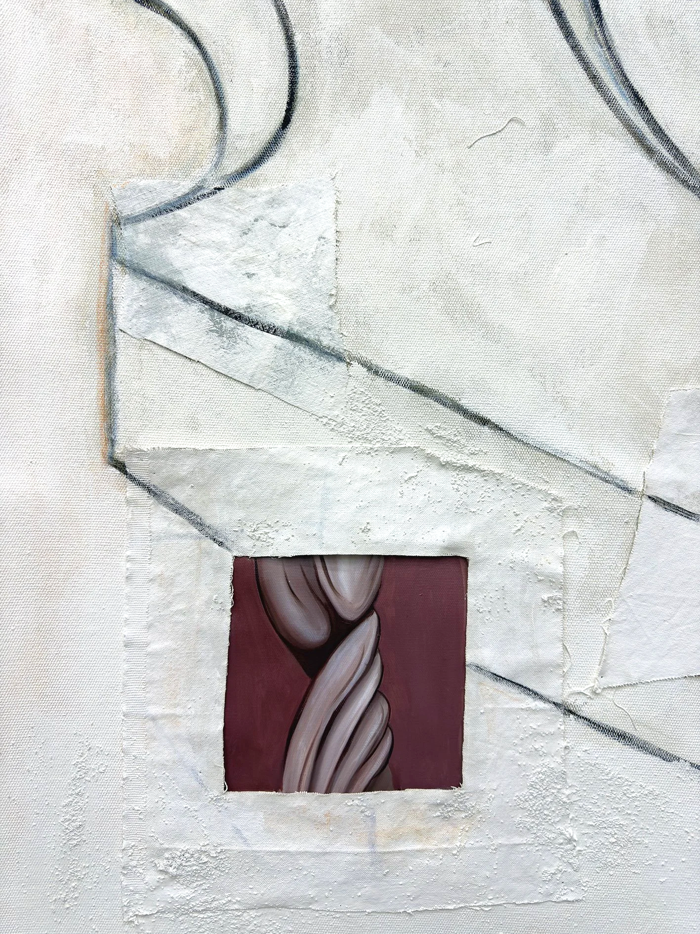 Cuadro digital con figuras de líneas onduladas de color beige, rosa y gris en un fondo oscuro. Sobrepone una tela blanca con detalles de textura y pliegues