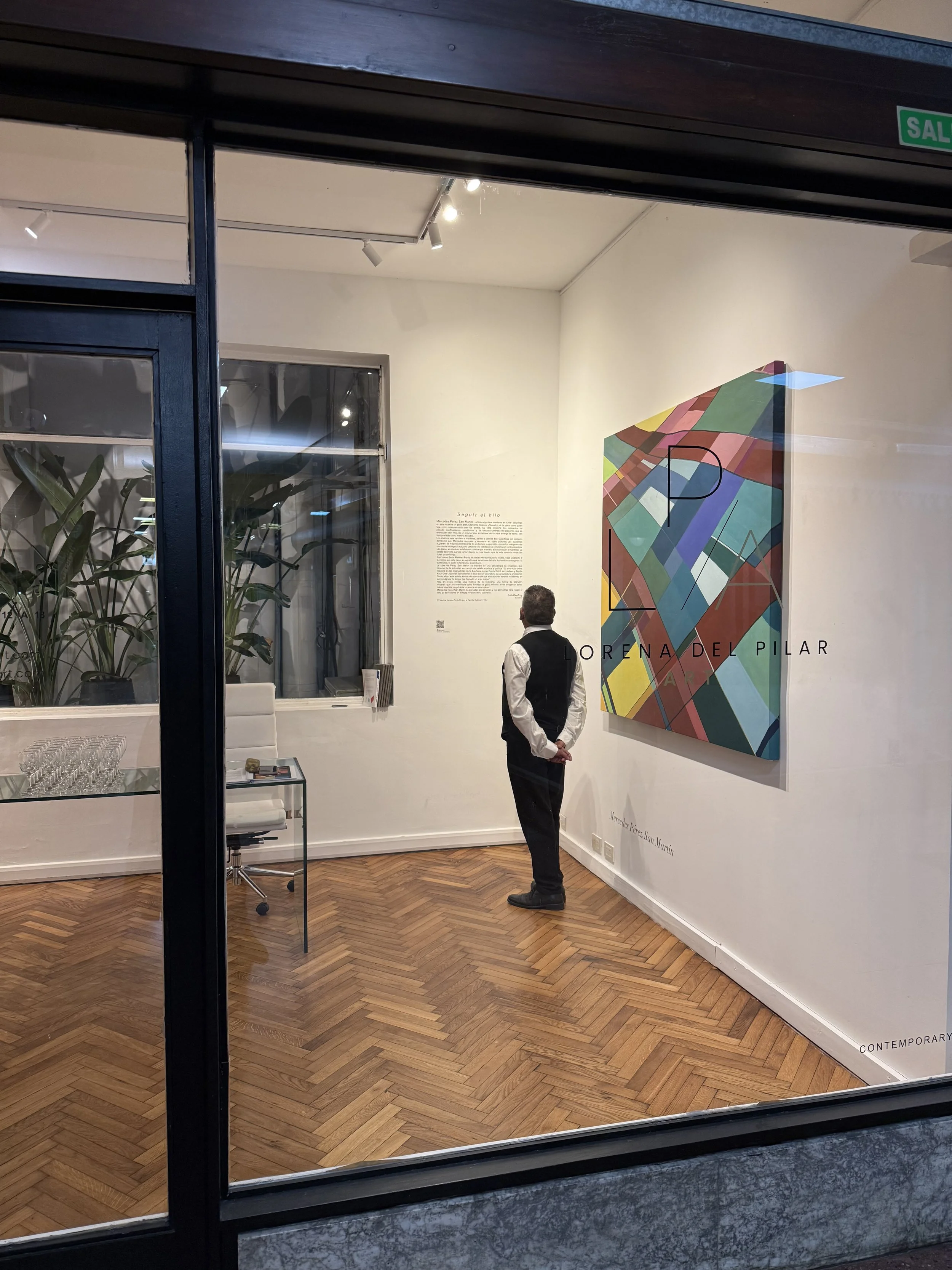 Persona viendo una obra de arte abstracta en una galería de arte contemporáneo, con una pared blanca y un texto explicativo en la pared detrás.