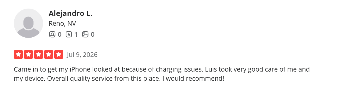 Screenshot of a Yelp review from Alejandro L. from Reno, NV, dated July 9, 2026. The review has a 5-star rating and mentions good service and care during an iPhone repair.