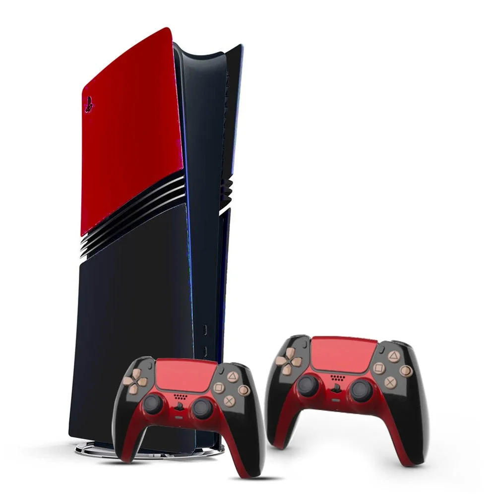 A PlayStation 5 gaming console with two matching controllers, all in black and red, against a white background.