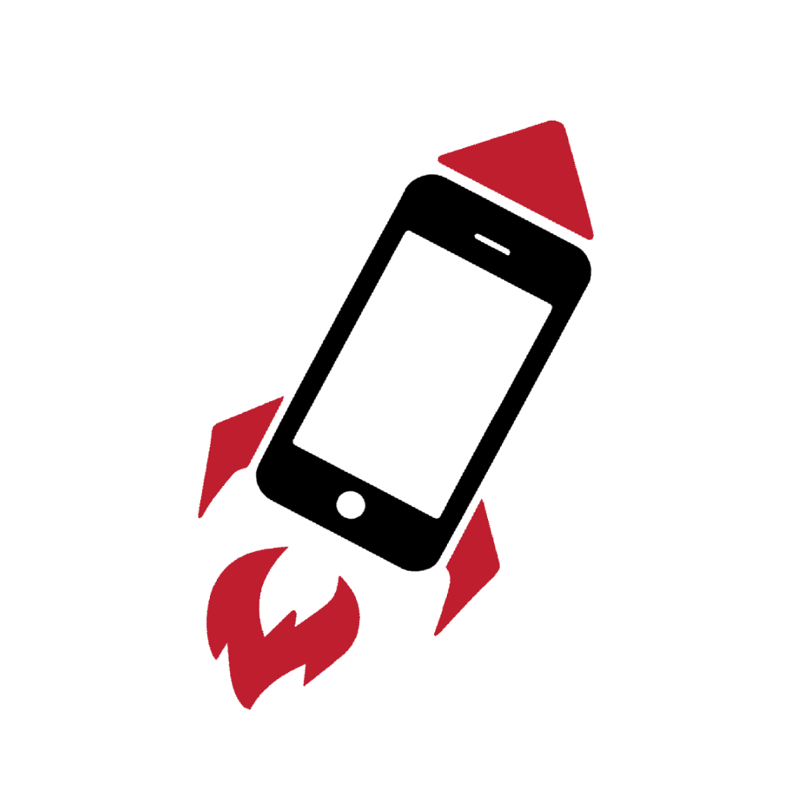 A stylized black silhouette of a rocket with red accents on a white background.
