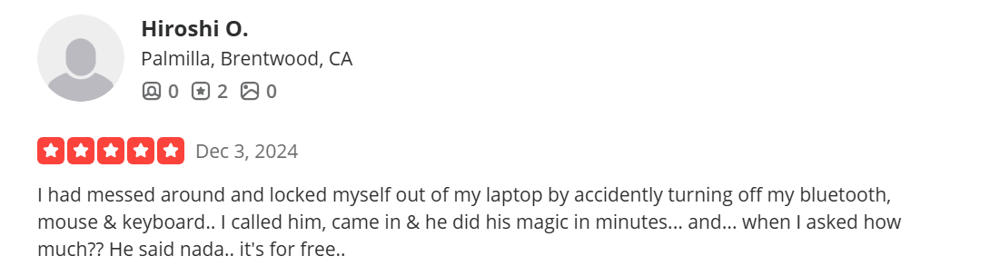 Screenshot of a positive product review by Hiroshi O. from Palmillia, Brentwood, CA, dated December 3, 2024, describing a humorous incident with his laptop and a pet dog.