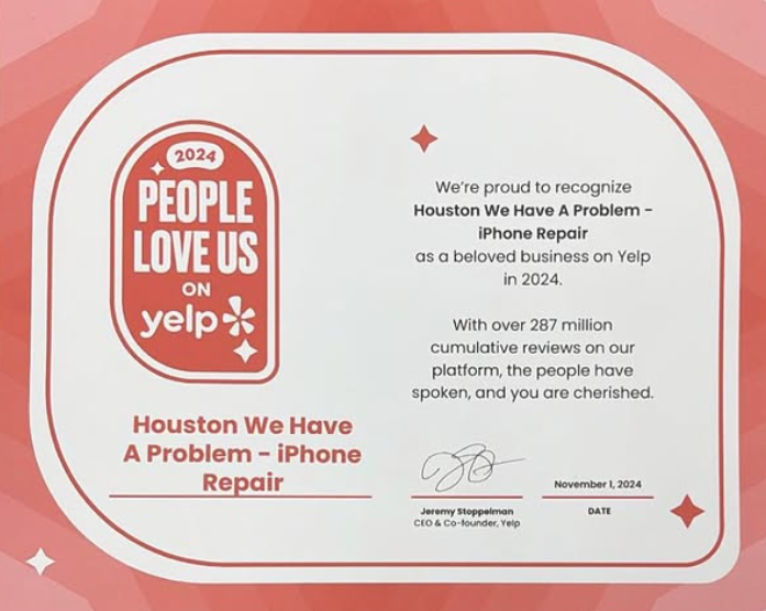 Yelp recognition certificate for Houston We Have A Problem - iPhone Repair in 2024, issued November 1, 2024, signed by Jeremy Stoppelman, CEO and co-founder of Yelp.