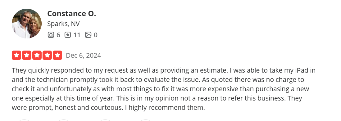 Screenshot of a 5-star review from Constance O. in Sparks, NV, praising prompt and honest service for iPad repair, dated December 6, 2024.