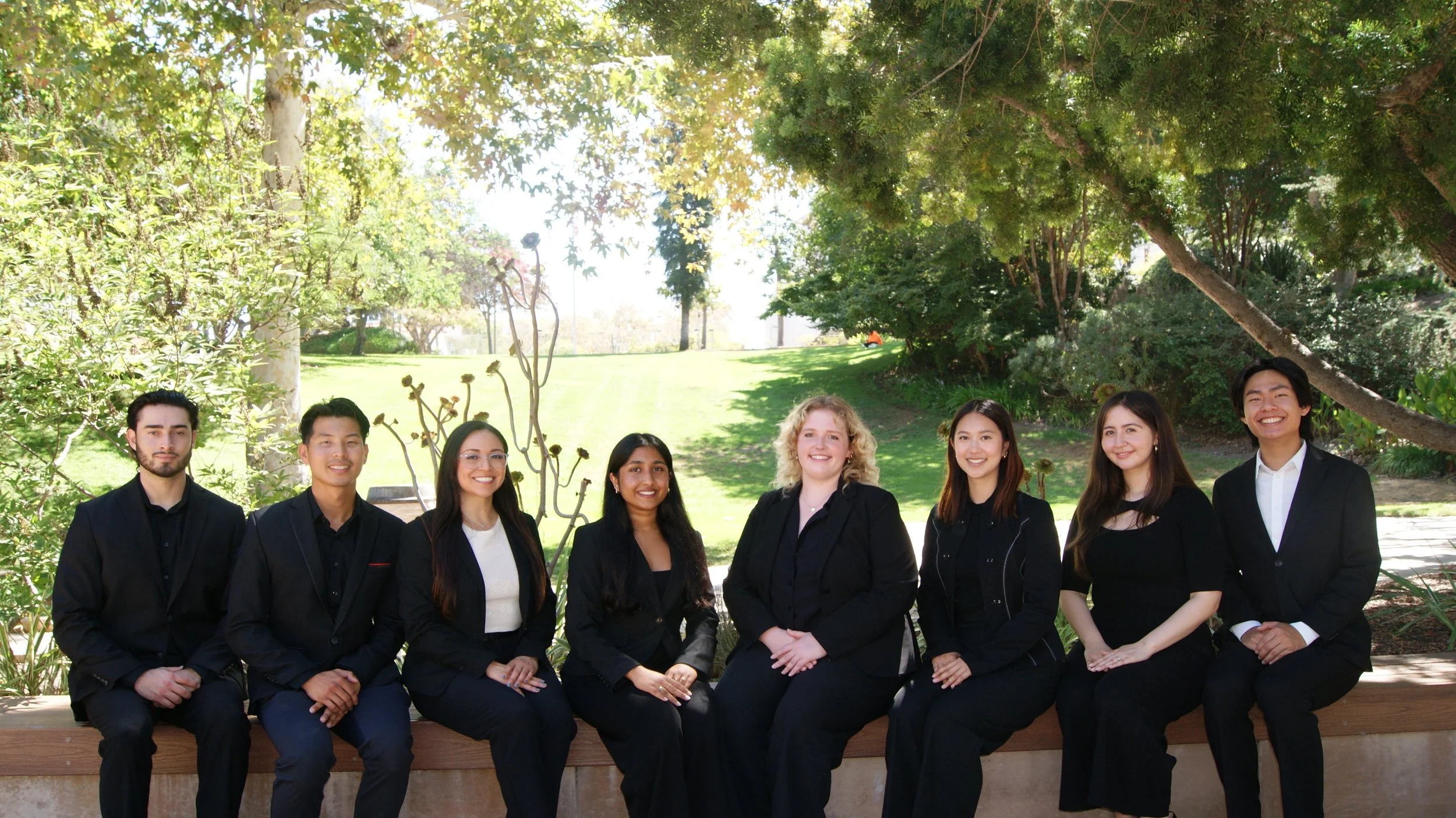 Group of eight diverse young professionals dressed in formal business attire, standing outdoors in a park with lush green trees and grass.