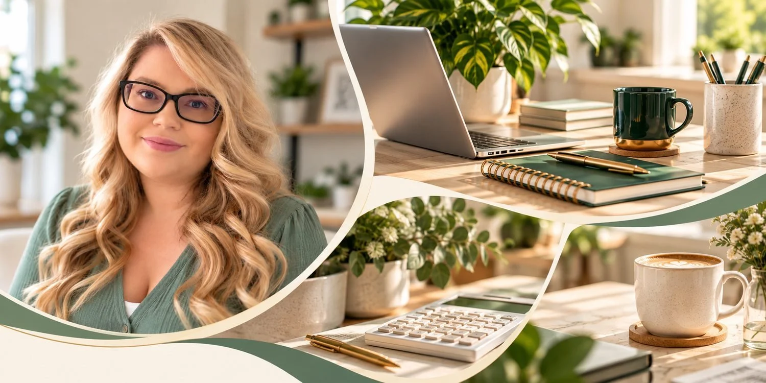 Collage featuring Casey Berger alongside a workspace with a laptop, notebook, calculator, coffee, and plants.