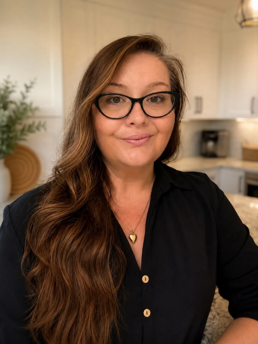 A woman with long wavy brown hair wearing glasses and a black blouse, smiling in a modern kitchen.