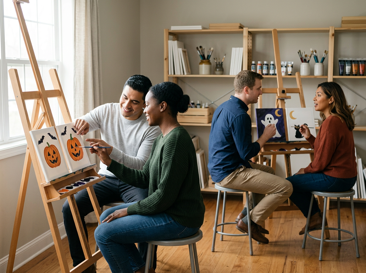 Two couples sitting on stools, painting Halloween-themed pictures on canvases, including pumpkins and bats, in a bright room with large windows and shelves in the background.