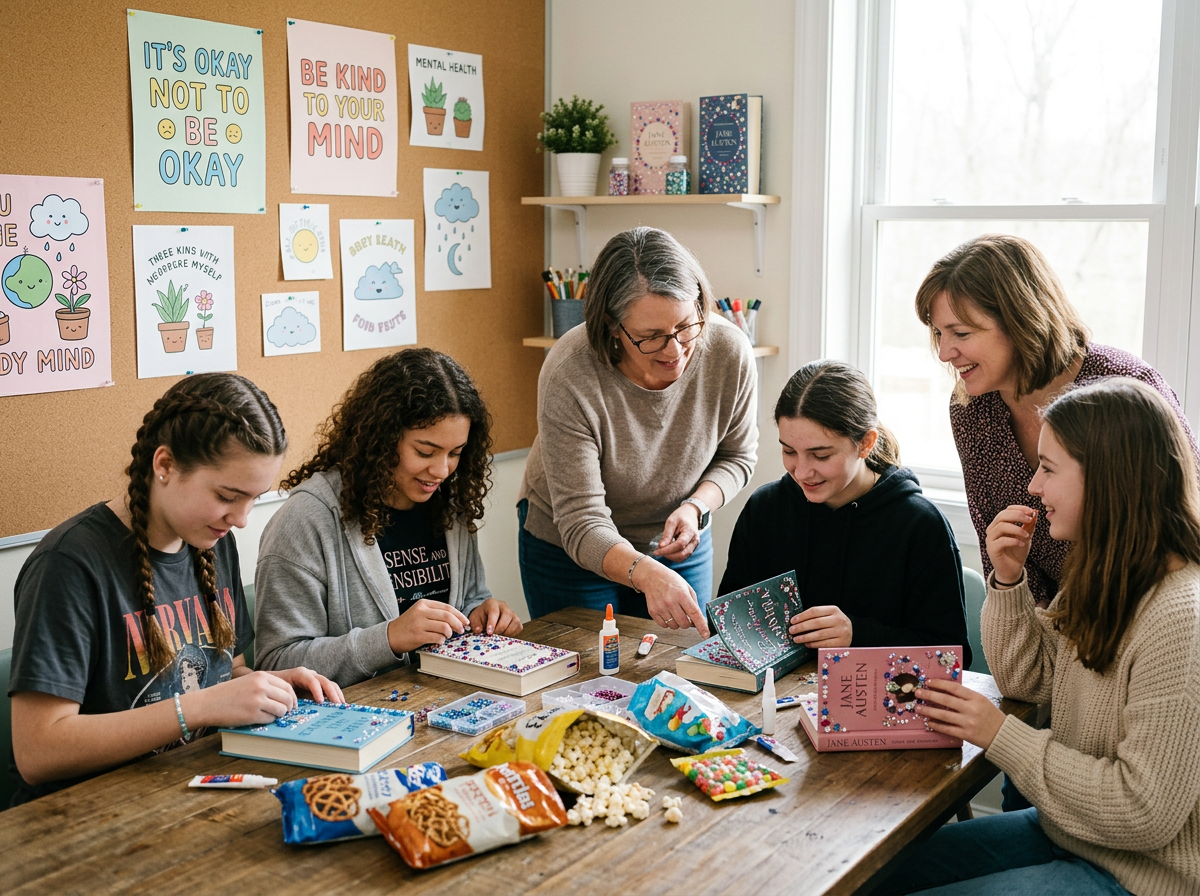 Group of young girls and two women sitting around a wooden table, engaged in arts and crafts activities with books, snacks, and craft supplies, in a brightly lit room decorated with motivational posters and shelves with colorful books and plants.