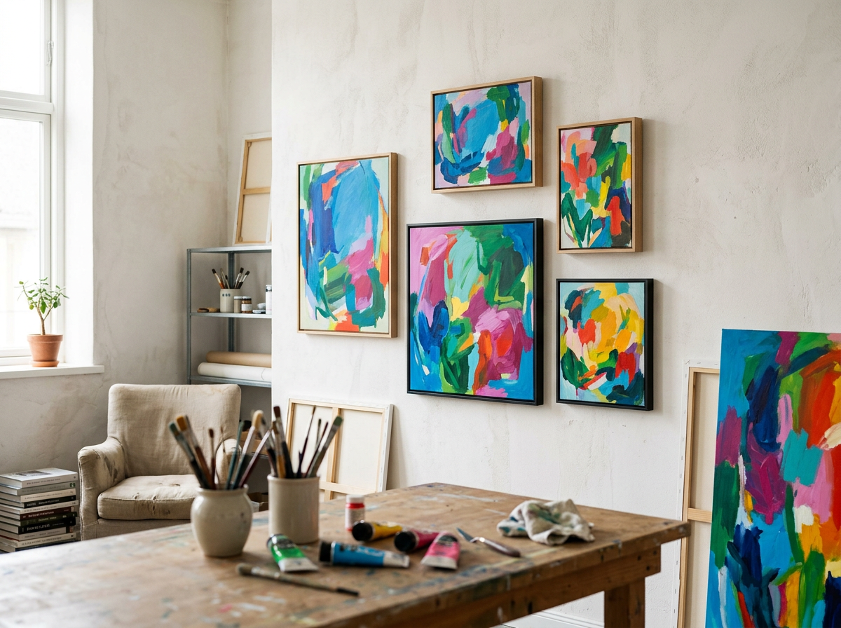 An art studio with abstract colorful paintings on the wall, art supplies on a wooden table, and a cozy armchair near a window.