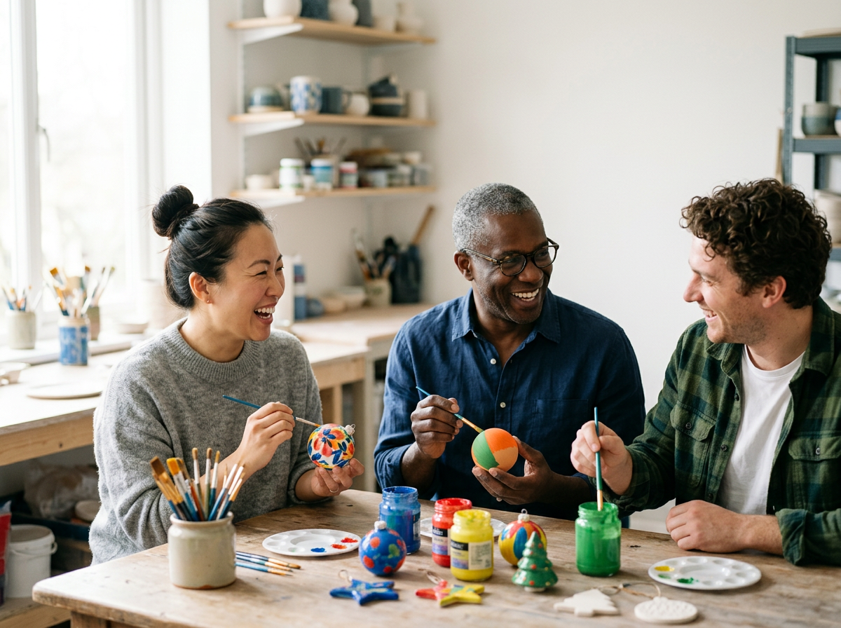 Three friends painting and decorating Christmas ornaments at a table in a craft room.