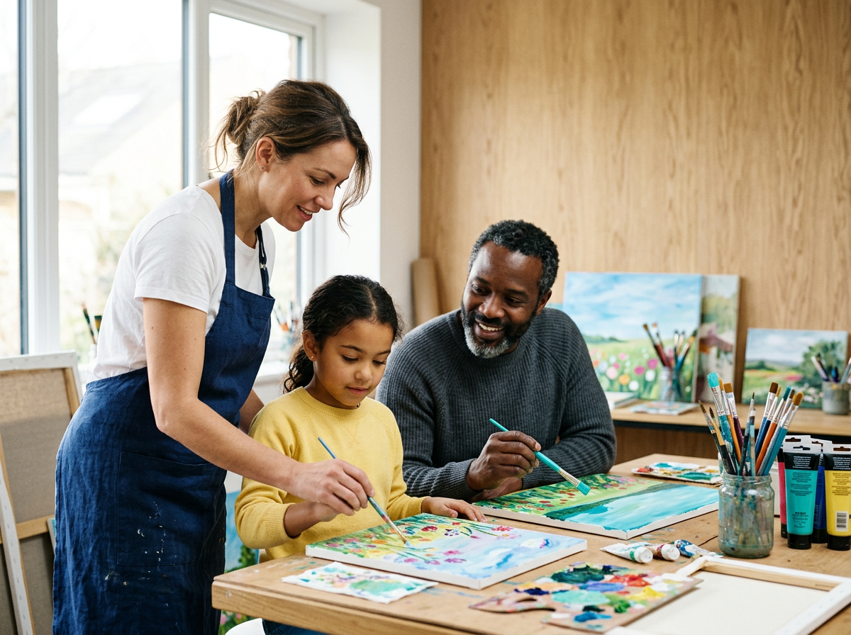 A woman, man, and young girl painting pictures on canvases in an art studio with paintings, brushes, and paints on the table.