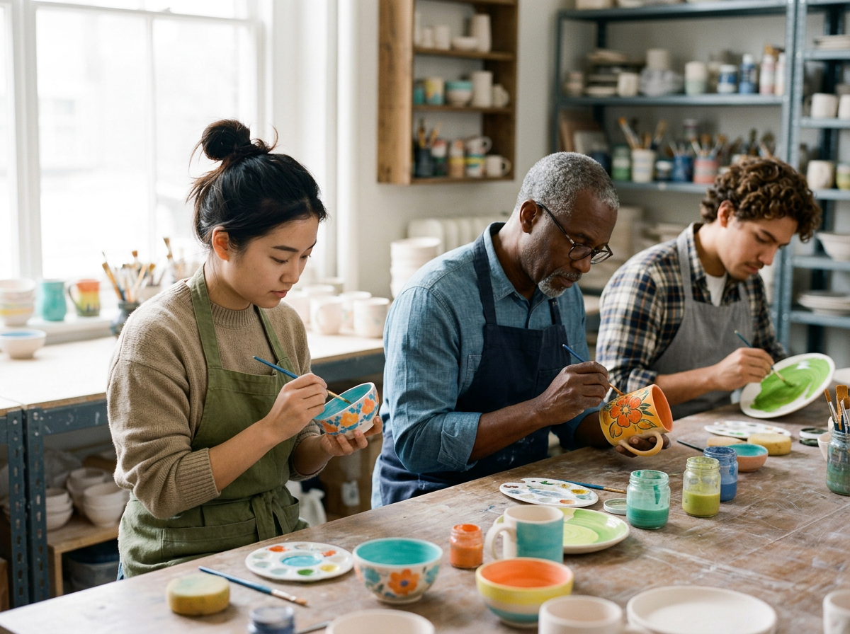 Three people painting ceramic bowls at a pottery studio, with shelves of pottery supplies in the background.