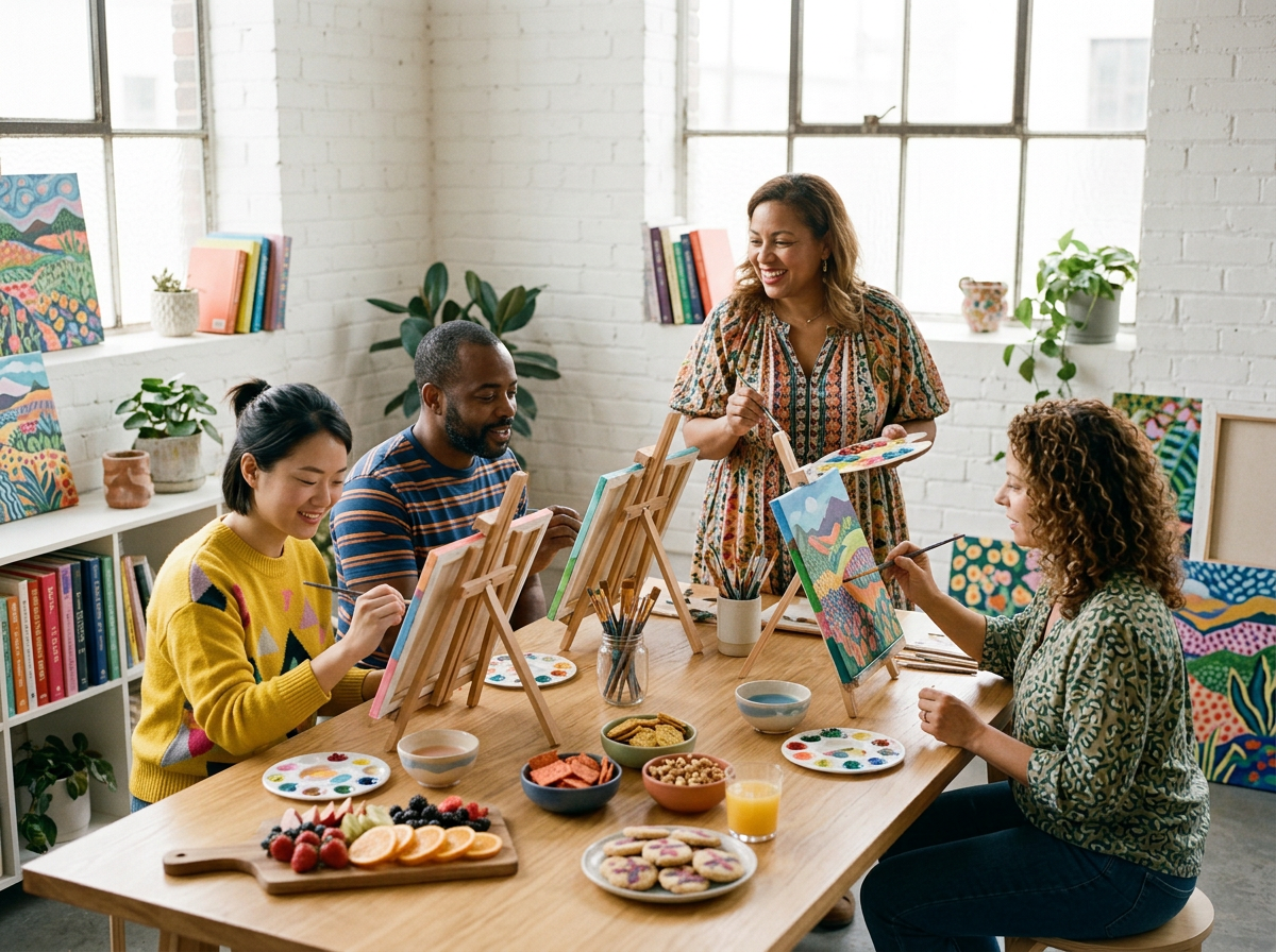 A group of five people in a bright art studio, painting colorful canvases at a table with snacks and drinks, surrounded by books and artwork.