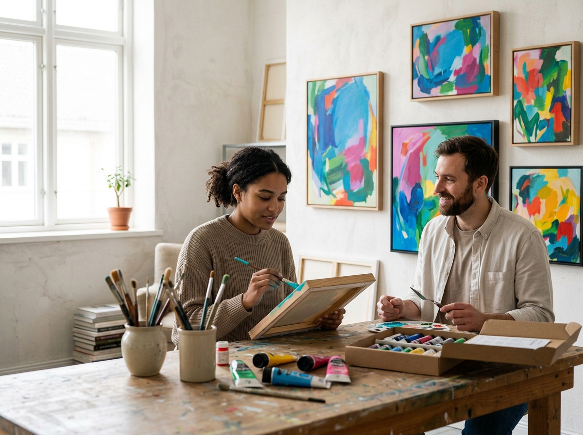 Two people painting in an art studio with colorful abstract paintings on the wall. They are seated at a wooden table with art supplies such as brushes, paints, and palettes.