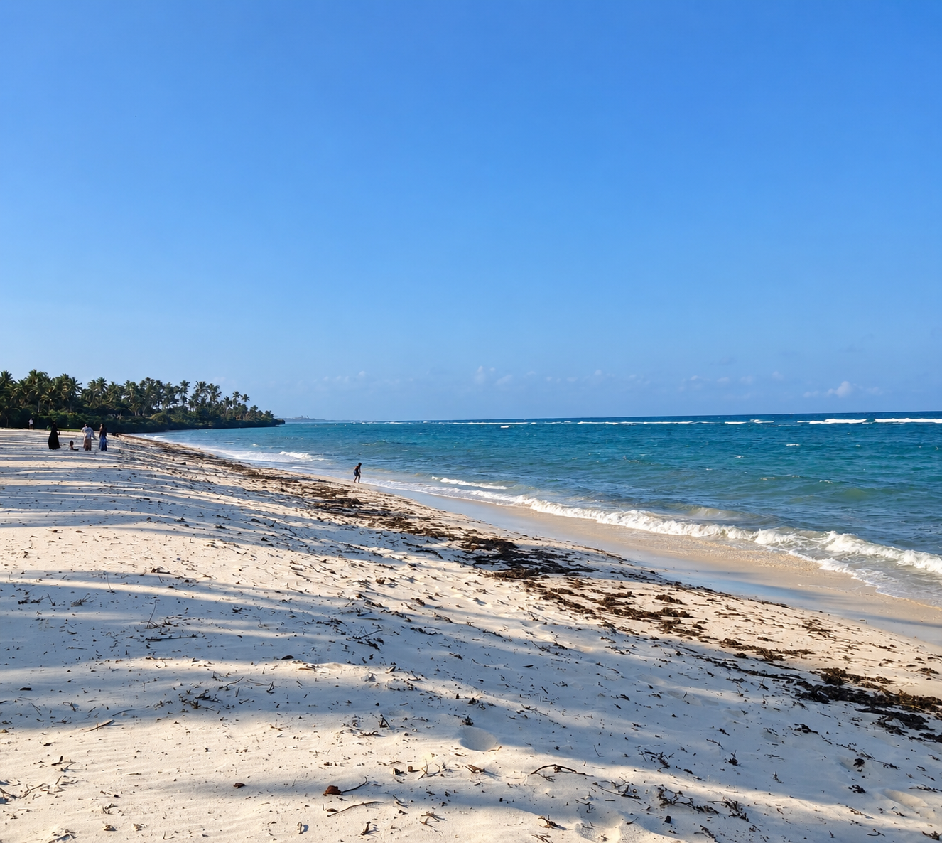 Beach with white sand, ocean waves, and a clear blue sky, with tropical trees and a few people walking along the shore.