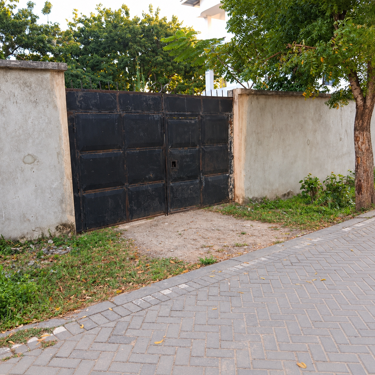 A street scene with a black metal gate attached to a concrete wall, a tree on the right, green bushes, and a paved sidewalk.