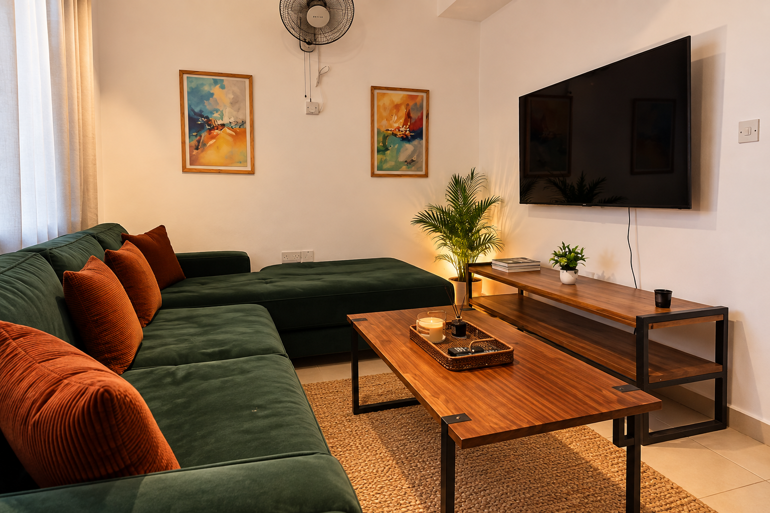 Comfortable living room at The Suites with green sectional sofa, coffee table and wall-mounted TV.