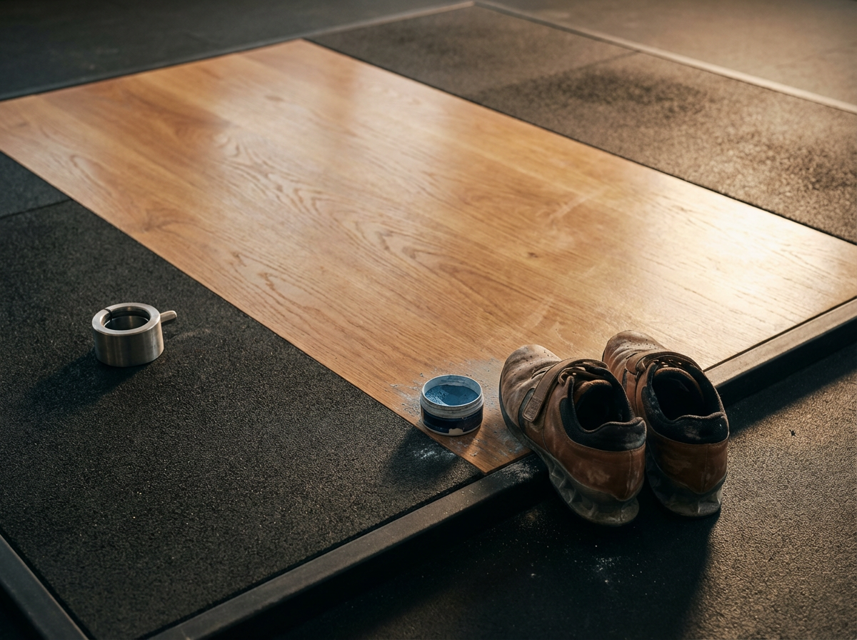 A pair of well-worn athletic shoes, a small container of blue paint, and a metallic lid on a weightlifting platform with a wooden section and rubber mats.