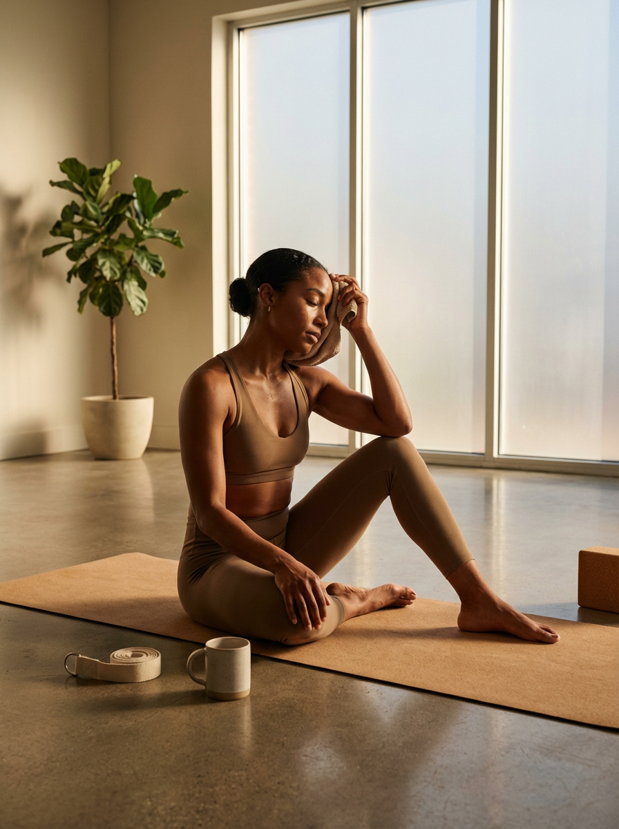 A woman sitting on a yoga mat in a sunlit room, holding her forehead with a towel, appearing to rest or meditate after a workout.