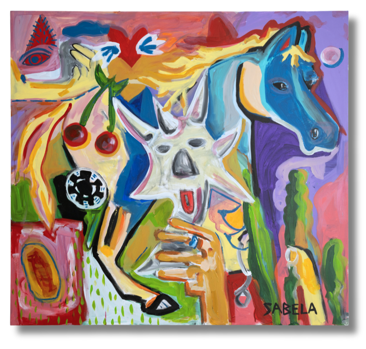 Colorful abstract painting featuring a white skull, a blue horse, cherries, a black-and-white soccer ball, and an eye with red eyelashes, signed by Sabella.