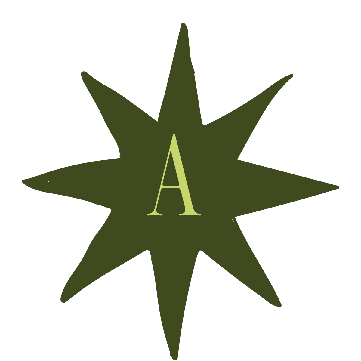 Green starburst shape with a large letter 'A' in the center.