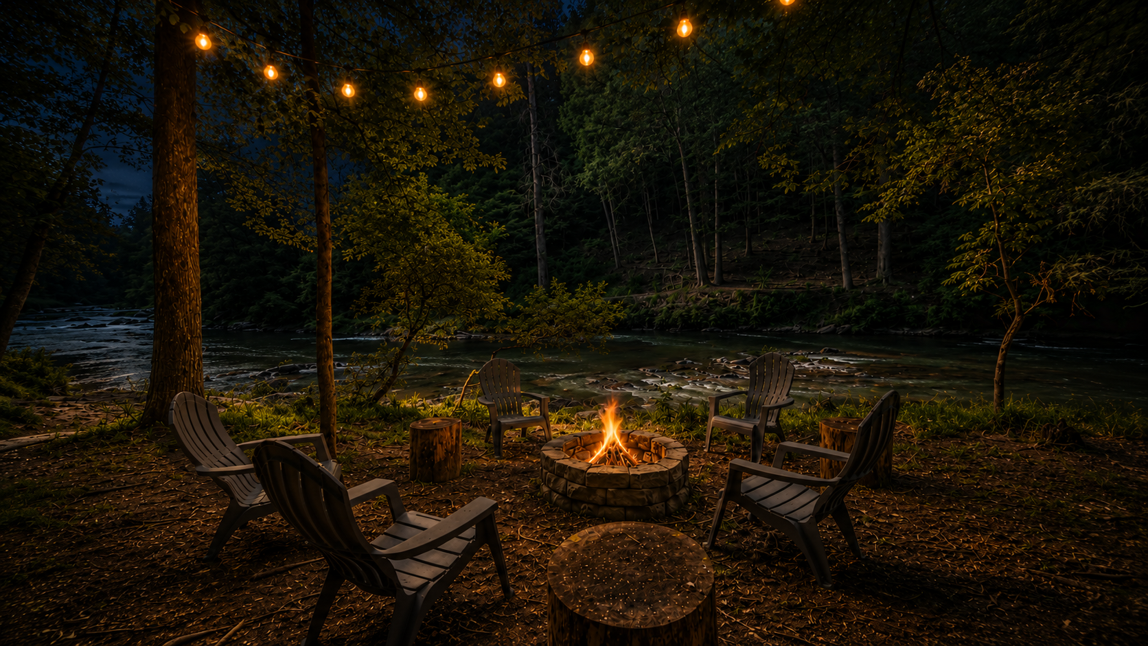 A nighttime outdoor scene by a river, with a campfire surrounded by five chairs and string lights hanging above, with trees in the background.