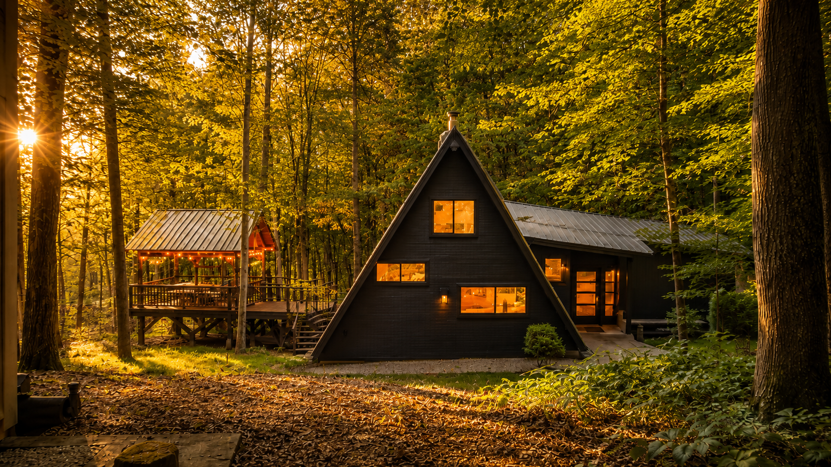 A small black A-frame cabin with large windows in a wooded forest with trees and autumn leaves, illuminated warm interior lights during sunset, with a small deck and a neighboring gazebo with string lights.