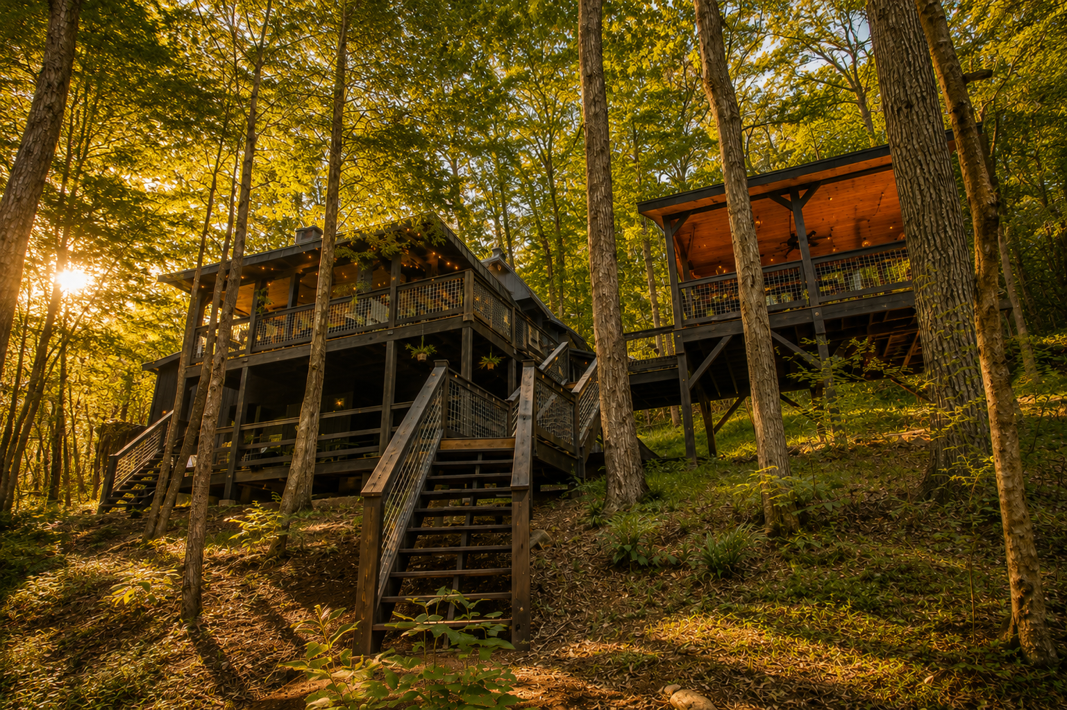 Two elevated wooden houses in a forest during sunset, surrounded by trees with sunlight filtering through.