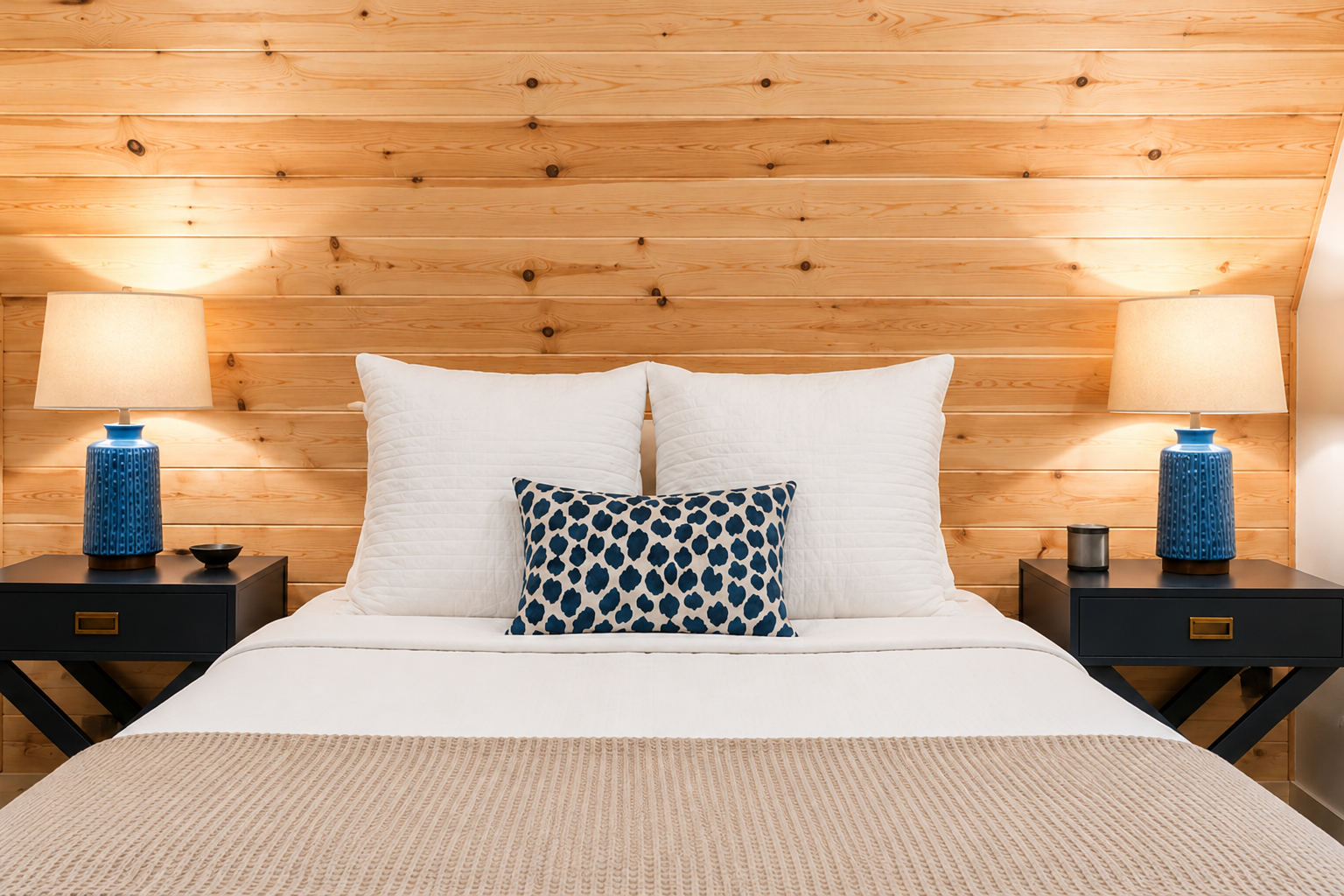 A neatly made bed with white bedding and four pillows, two large white pillows and one smaller navy blue pillow with a white pattern, placed against a natural wood-paneled wall. There are black nightstands on either side of the bed, each with a blue 