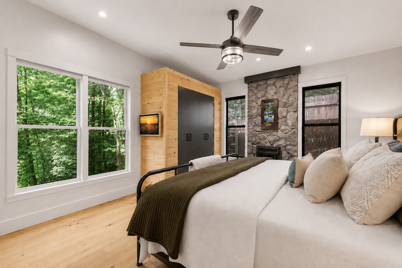 Bedroom with large windows showing green trees outside, a bed with beige and patterned pillows, a black metal frame, a green blanket, wooden and stone fireplace, ceiling fan, nightstand with a lamp, and a small wall-mounted TV.