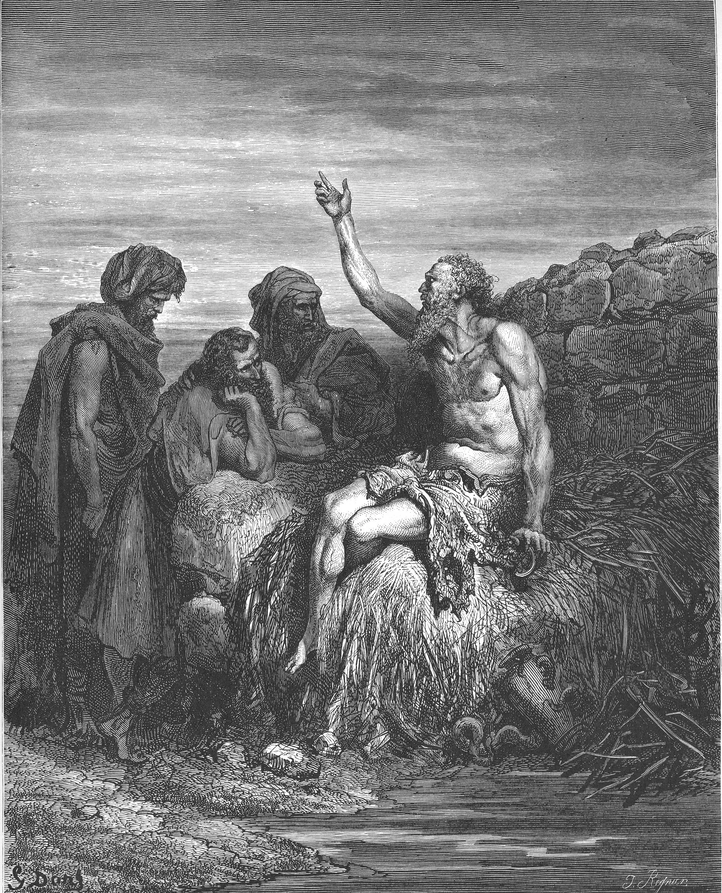 A detailed black and white painting of Job surrounded by his three friends while he discusses the reality and meaning behind human suffering.