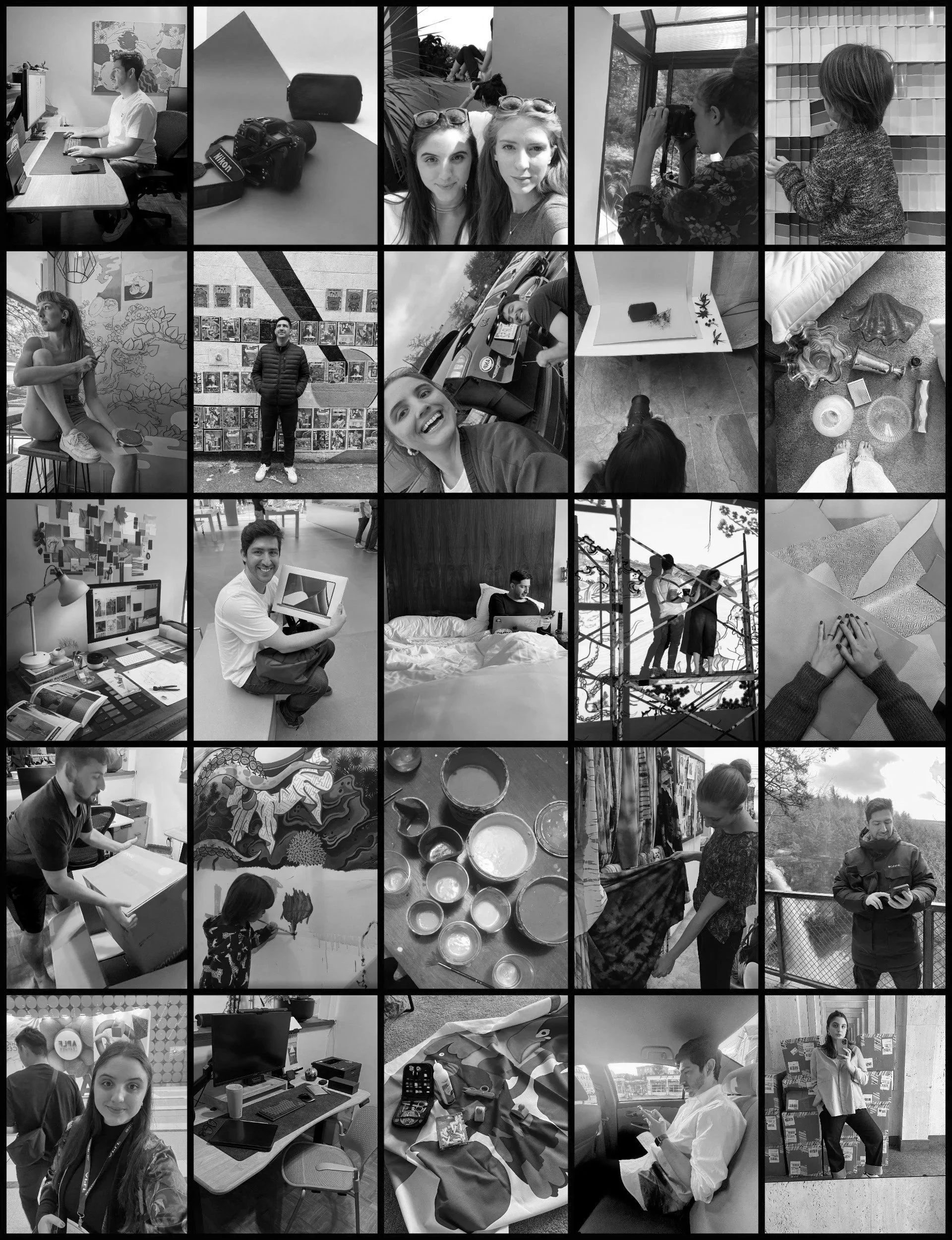Collage of black-and-white photos showing various people engaged in different activities such as working at a computer, taking photos, painting, shopping, and socializing in different indoor and outdoor locations.