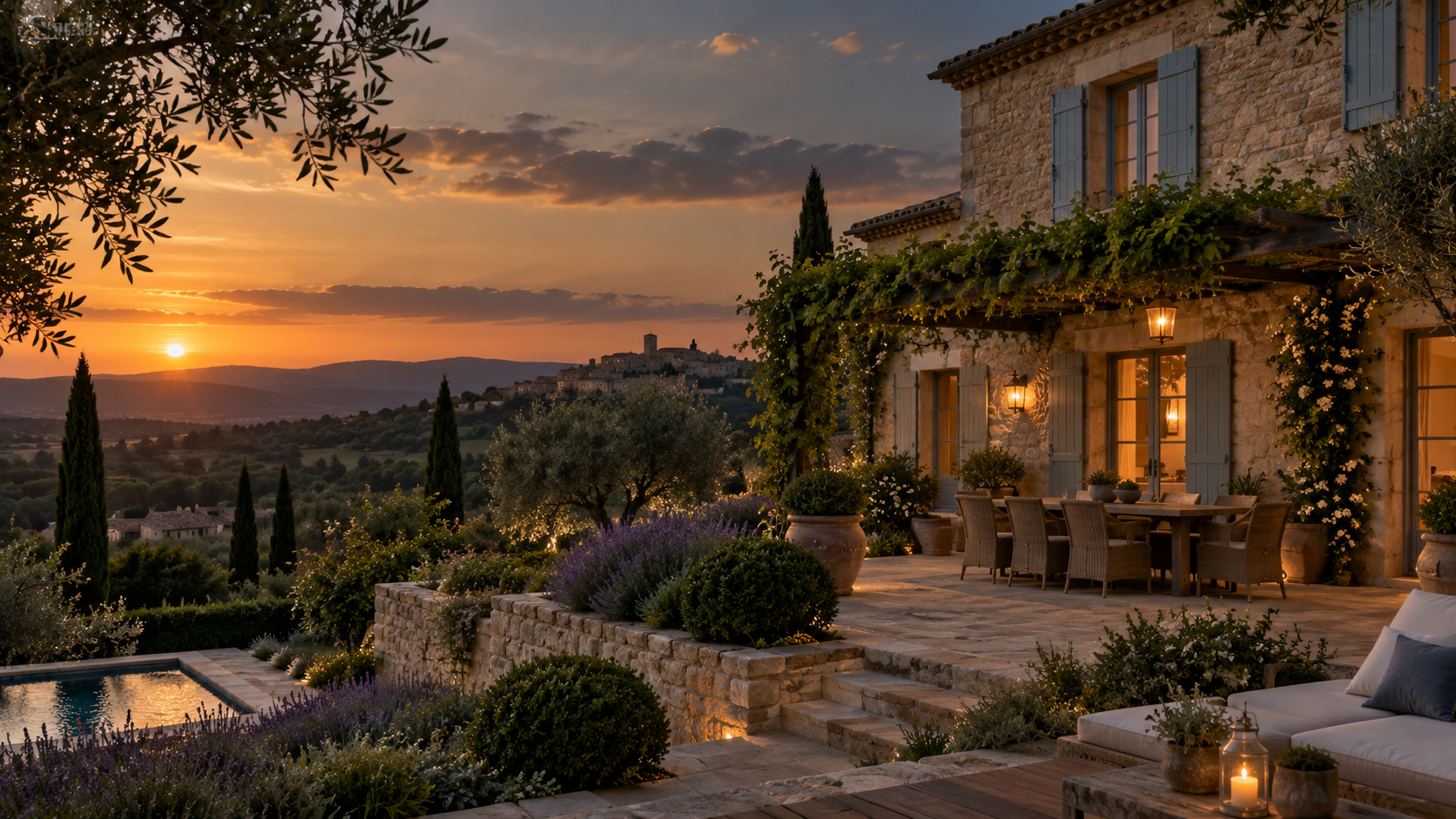 Une maison en pierre avec des volets bleus, entourée de plantes et de fleurs, côté terrasse éclairée par des lampes lors d'un coucher de soleil en Provence, avec une vue sur un village historic et des collines verdoyantes.