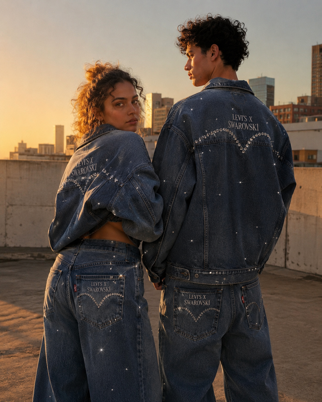 A man and woman wearing matching dark denim jackets and jeans with Swarovski and Levi's branding, standing on a rooftop at sunset with a city skyline in the background.