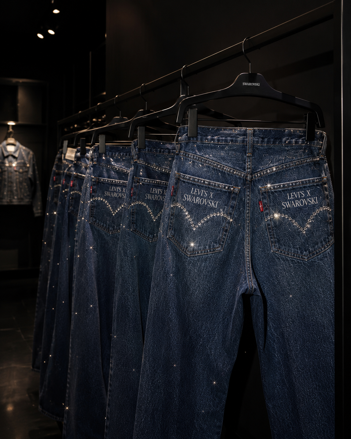 Multiple pairs of Levi's X Swarovski jeans with embellished back pockets hanging on a black rack in a dark store display.