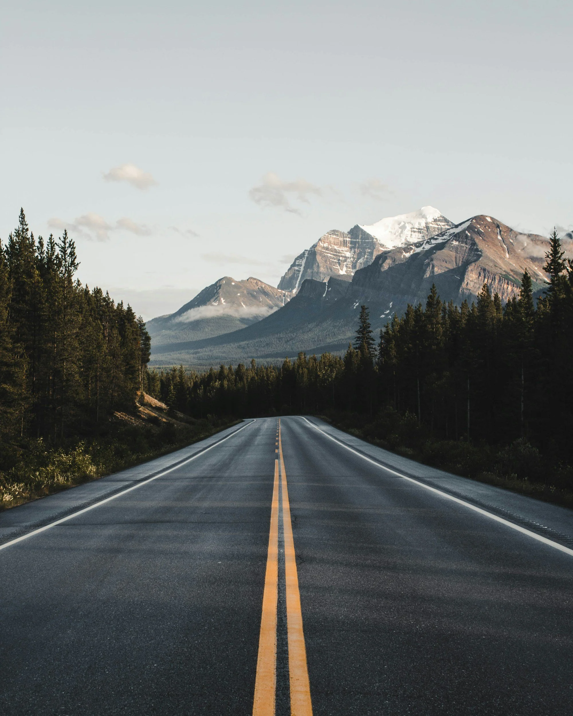 An empty road with a yellow centerline stretching into the distance, flanked by green pine trees, with snow-capped mountains and a partly cloudy sky in the background.