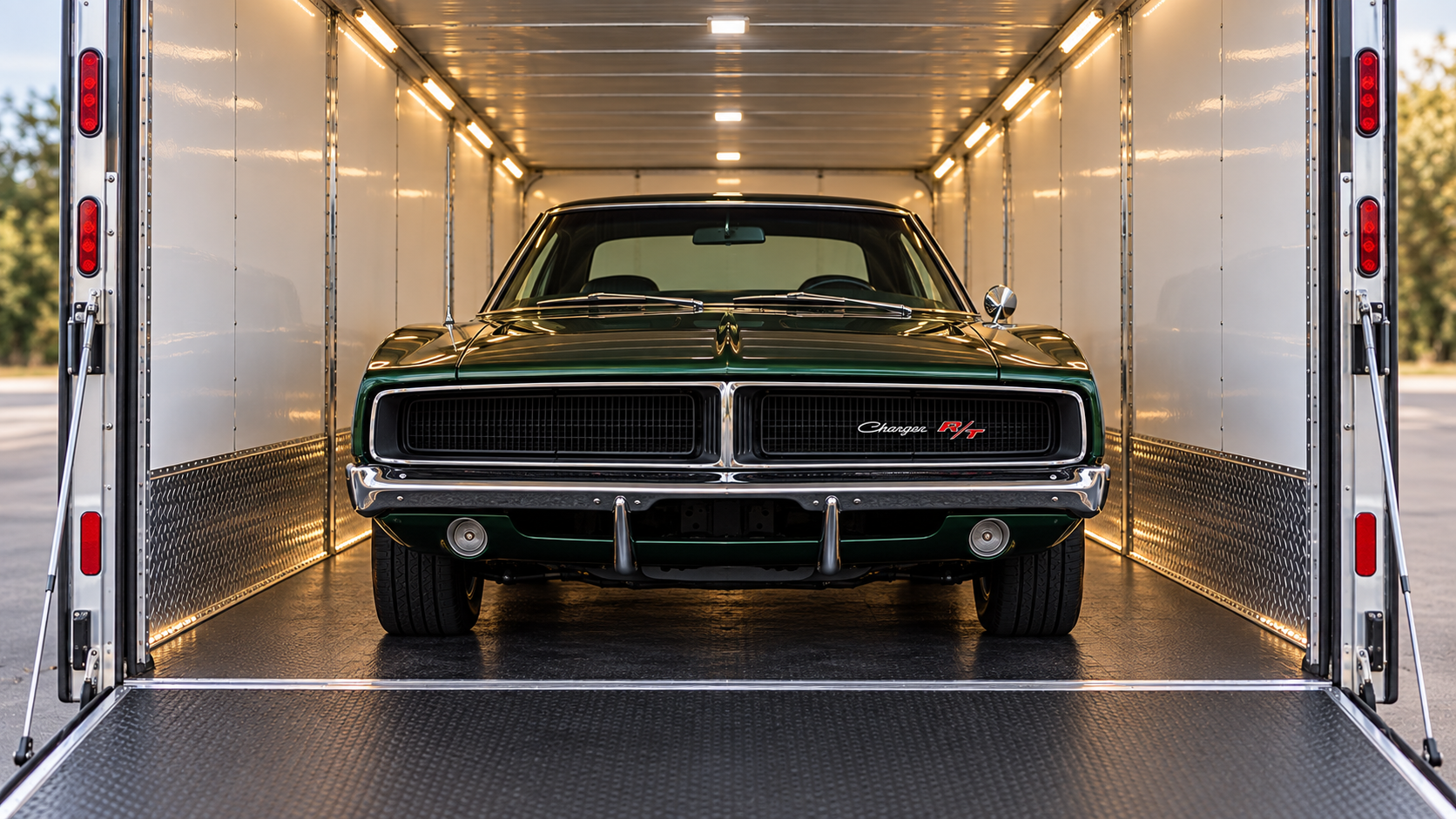 A vintage green Dodge Charger R/T muscle car inside a white enclosed car trailer with bright interior lights.