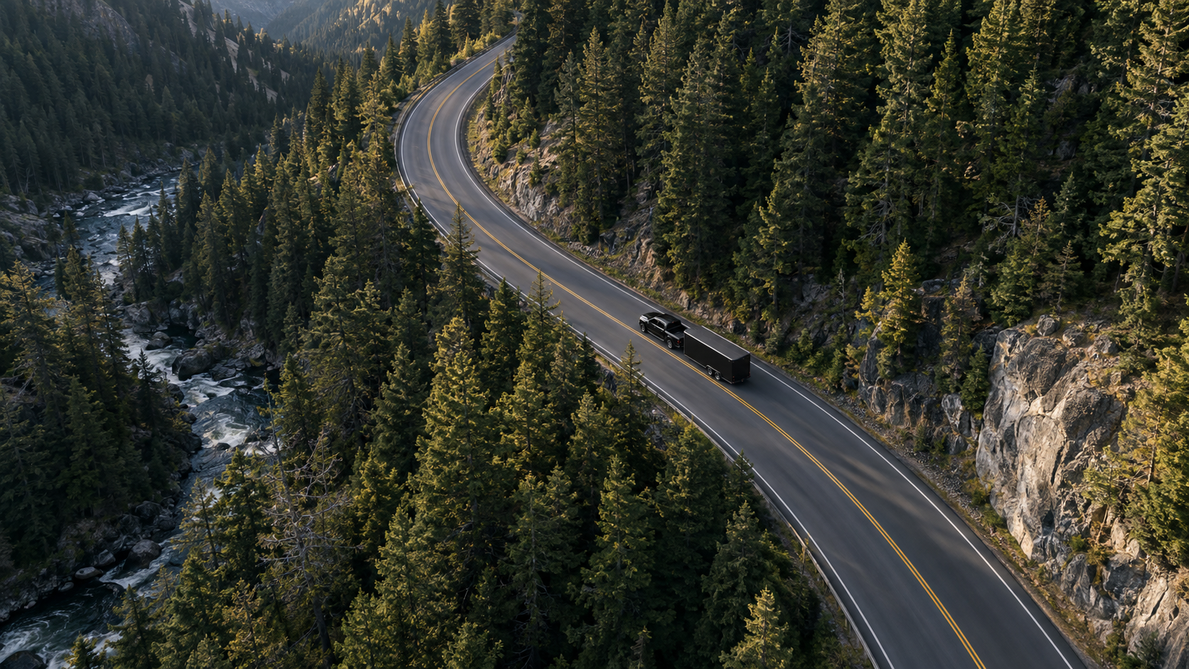 A winding mountain road surrounded by dense evergreen trees and a rocky terrain, with a black truck driving along it.