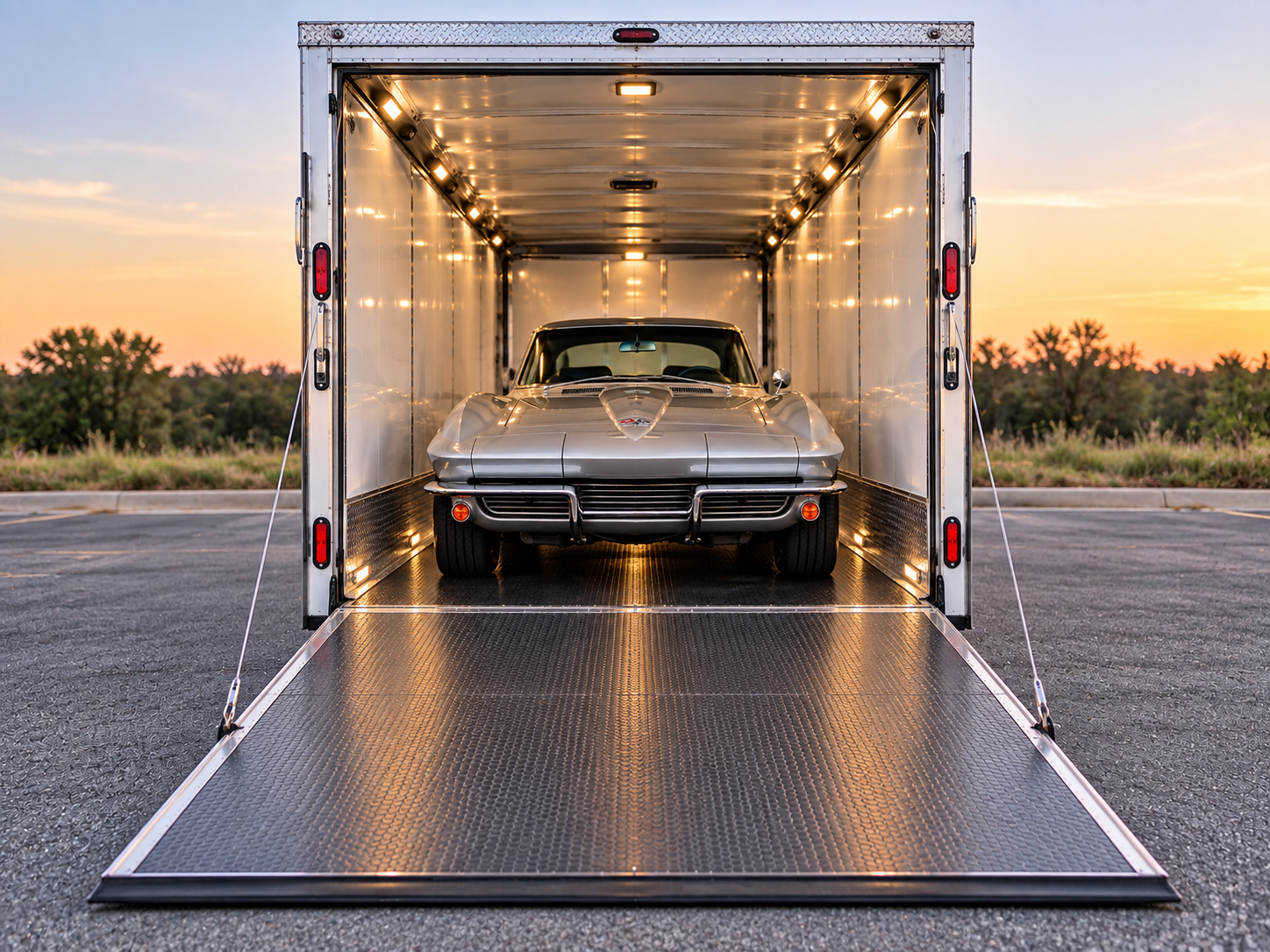 A classic silver Corvette sports car inside an open white enclosed car hauler trailer at sunset, with the trailer door lowered to the ground.