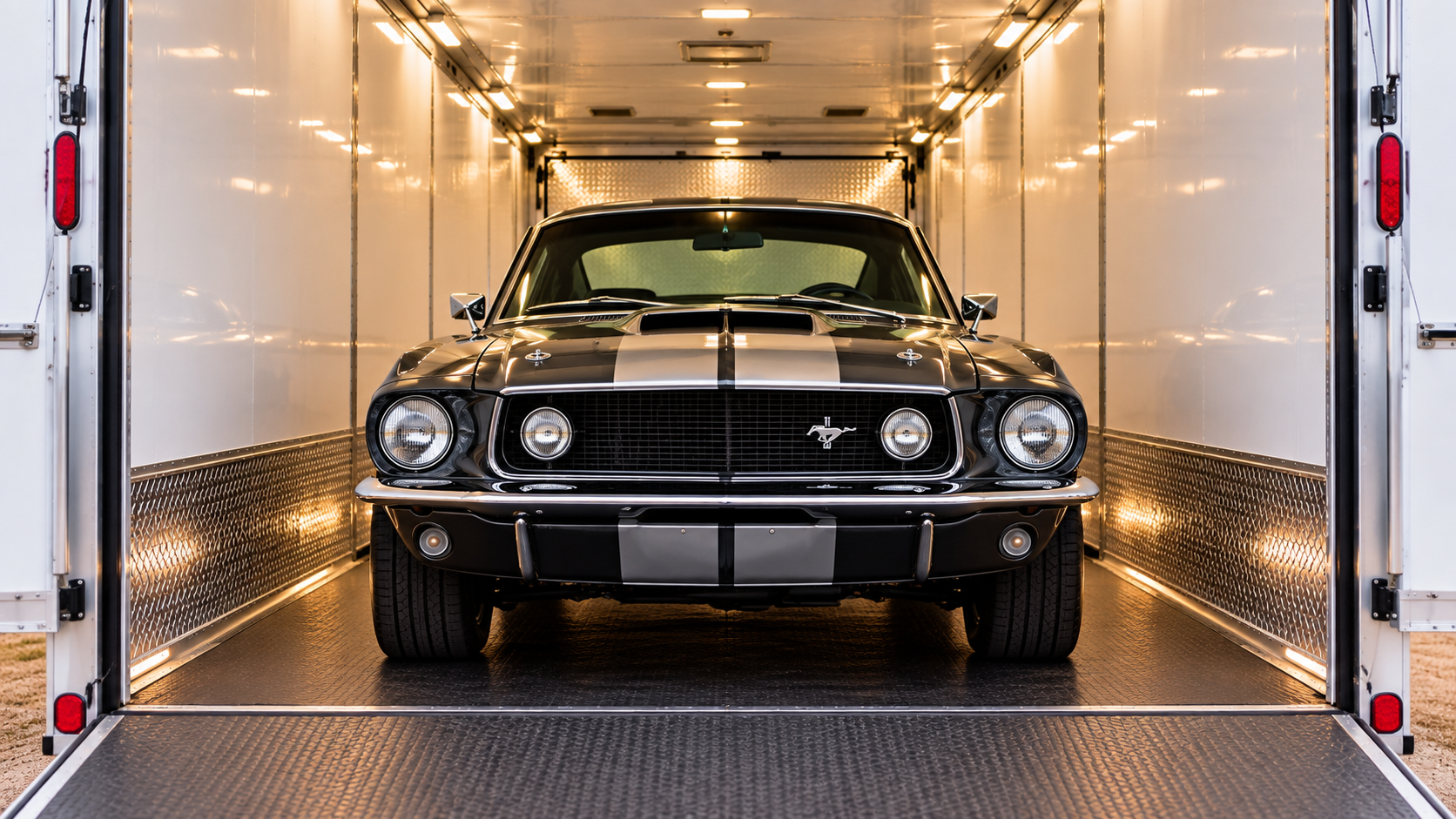 A black vintage Ford Mustang car with racing stripes inside a metallic, well-lit enclosed trailer.