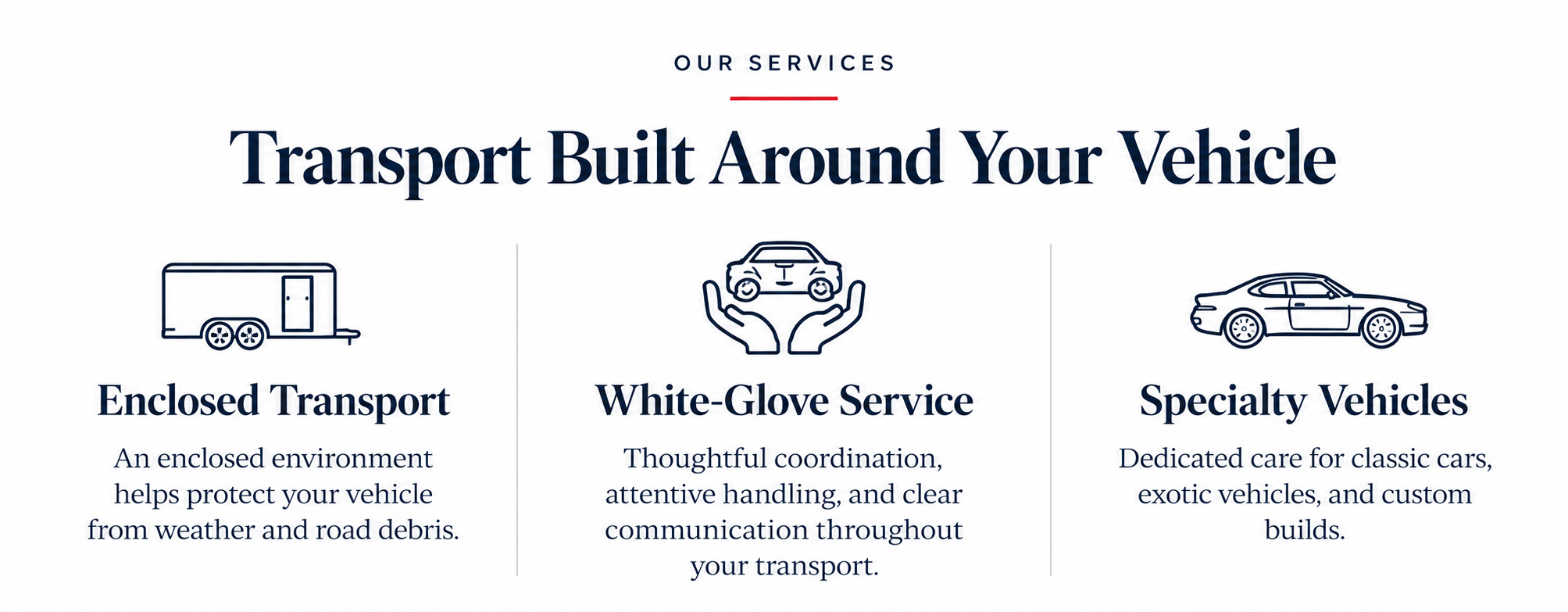 Section titled "Our Services" with three icons and descriptions: an enclosed trailer icon with the text "Enclosed Transport" and a description, a hand holding a car icon with the text "White-Glove Service" and a description, and a car icon with the text "Specialty Vehicles" and a description.