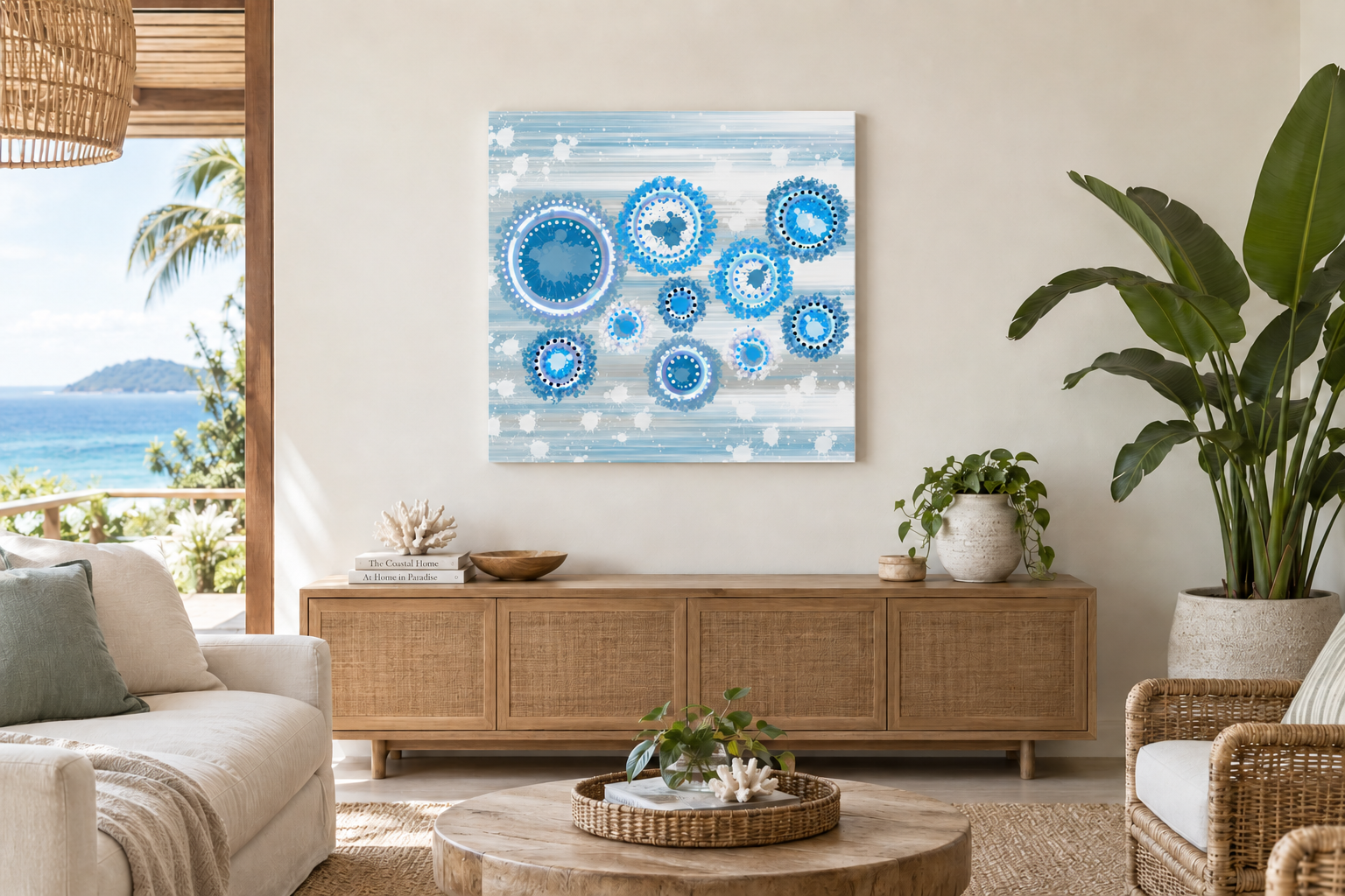 Living room with wooden sideboard, abstract blue and white artwork, rattan coffee table with plants, large potted plant, and ocean view through open doorway.