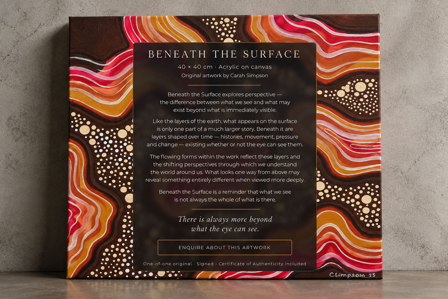 An informational panel with abstract, wavy, multicolored artwork featuring dots and lines, promoting an artwork titled 'Beneath the Surface' by Carah Simpson, on a gray textured background.