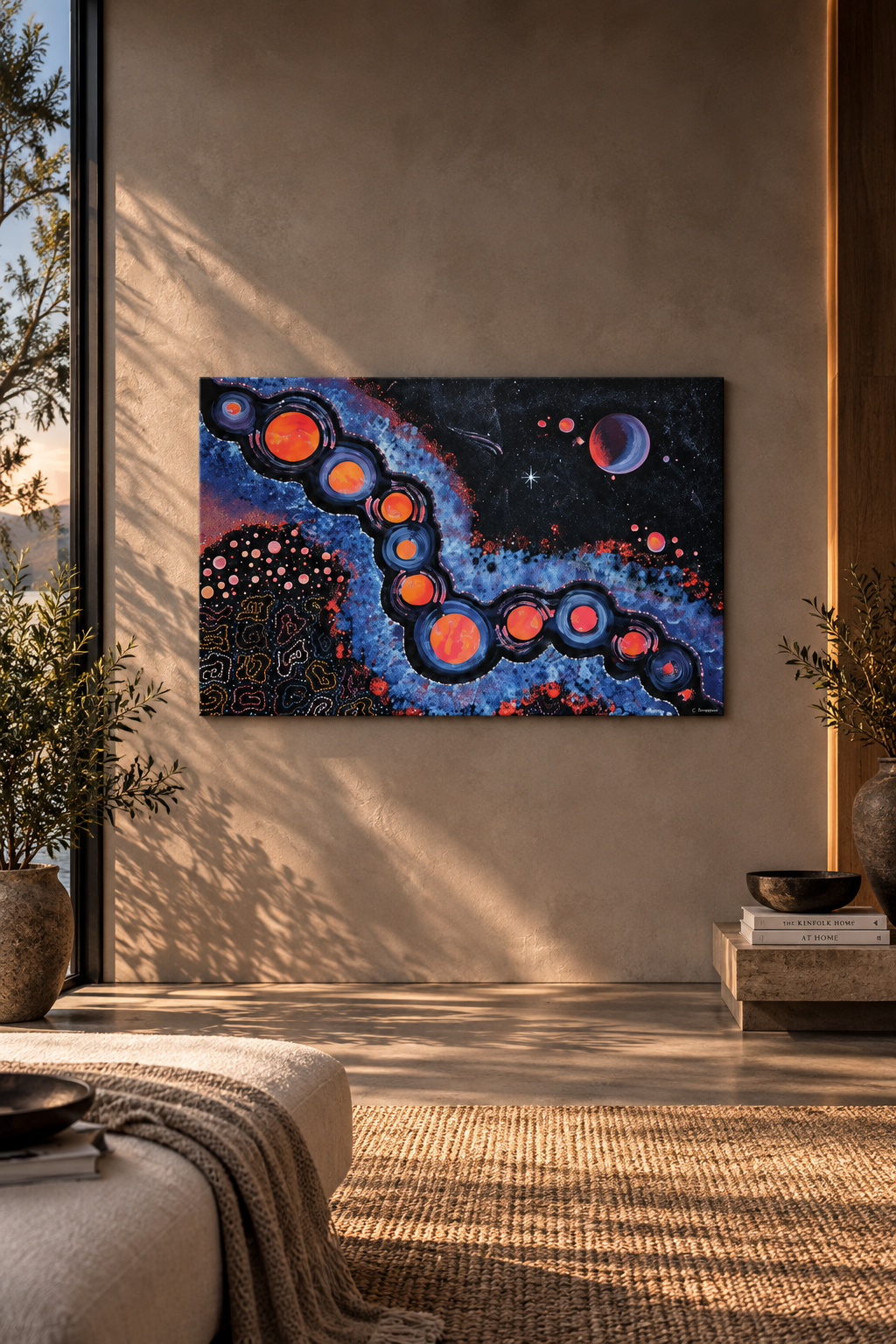 Modern abstract space-themed painting with planets and stars on a wall in a sunlit room with plants and books.