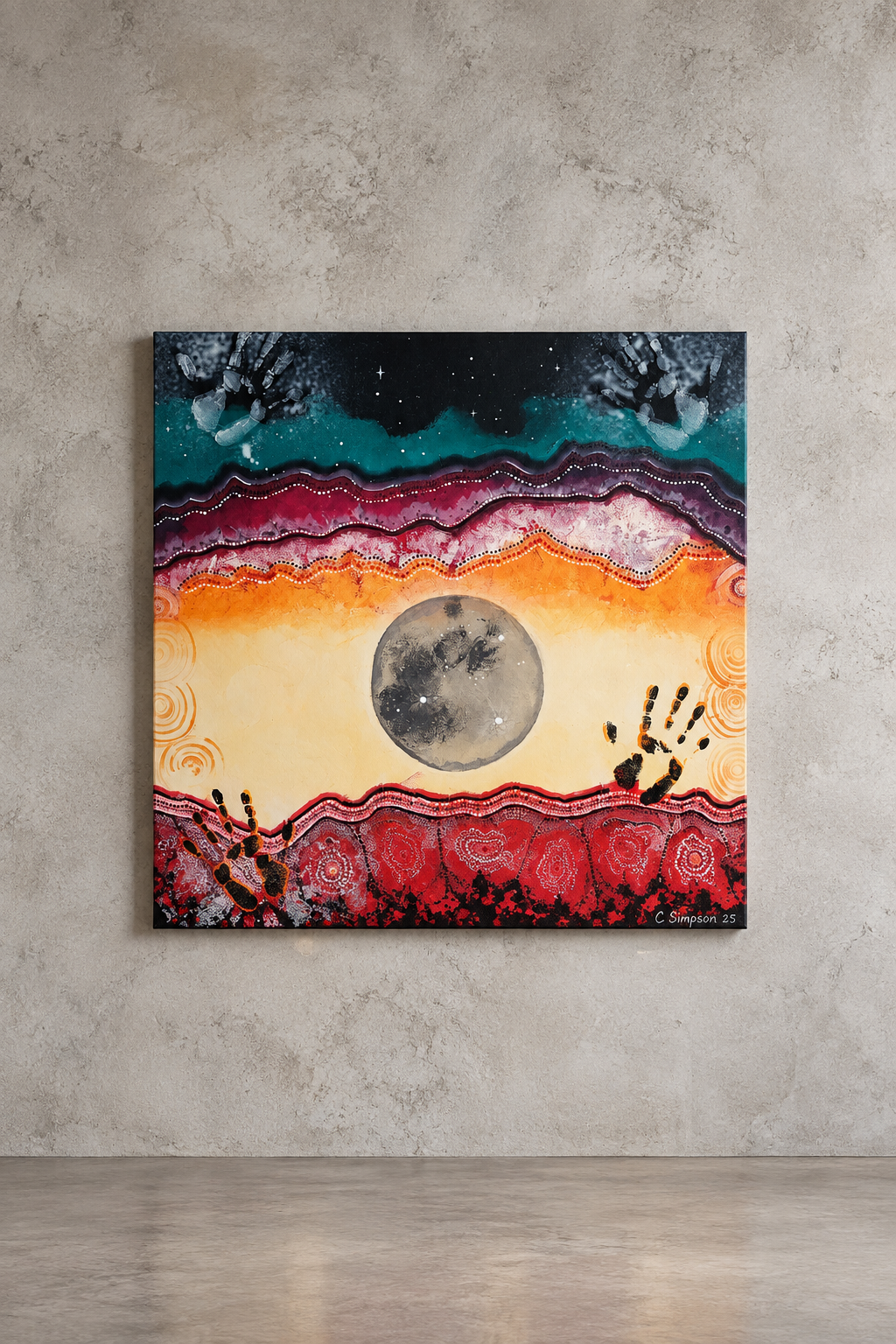 Abstract painting with a large gray moon in the center, colorful layers resembling earth and sky, and handprints near the bottom.
