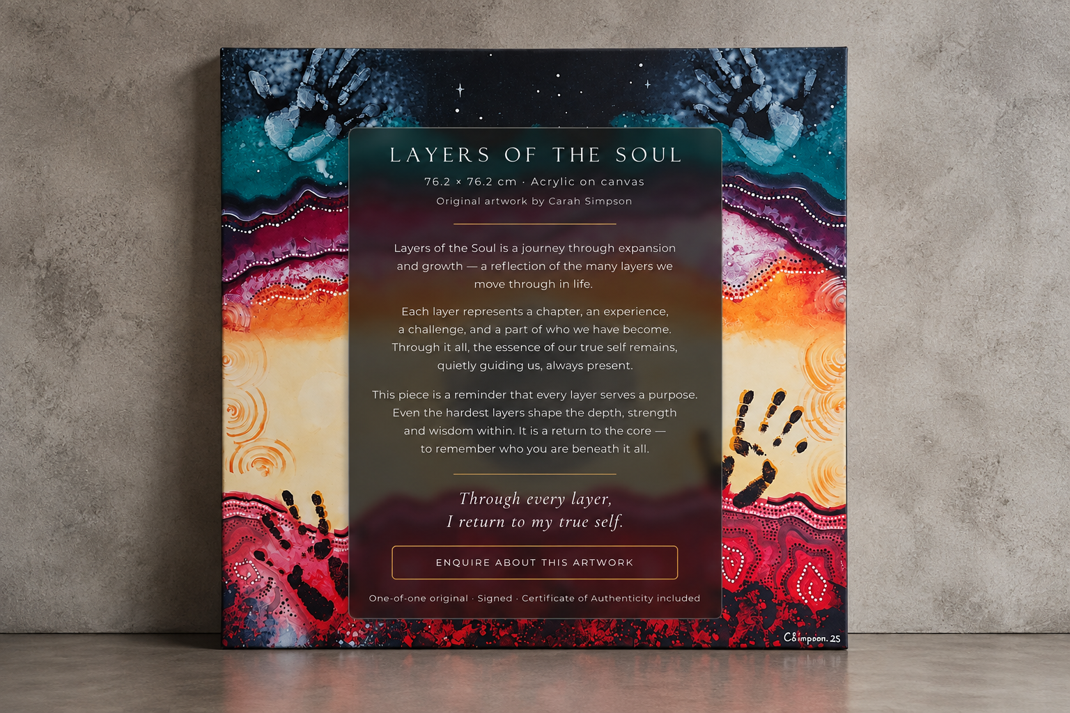 A colorful abstract artwork with layers of paint in blue, pink, orange, yellow, and red, featuring handprint and dot patterns, titled 'Layers of the Soul' by Carah Simpson.