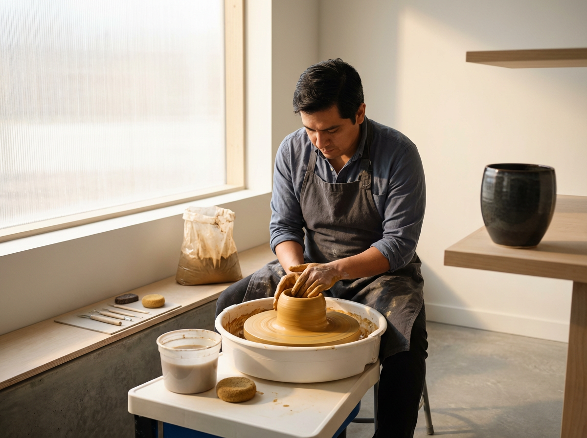 Man working on pottery wheel, shaping a clay vase in a pottery studio.