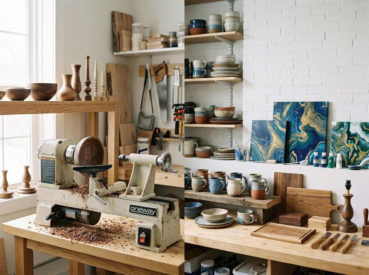 Split image showing woodworking tools and a lathe machine on the left, and ceramic pottery, plates, and artwork on shelves and a table on the right.